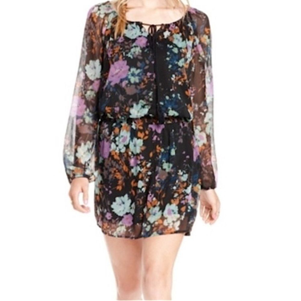 Jessica Simpson Laurelle Floral Print Semi Sheer Long Sleeve Drop Waist Dress M